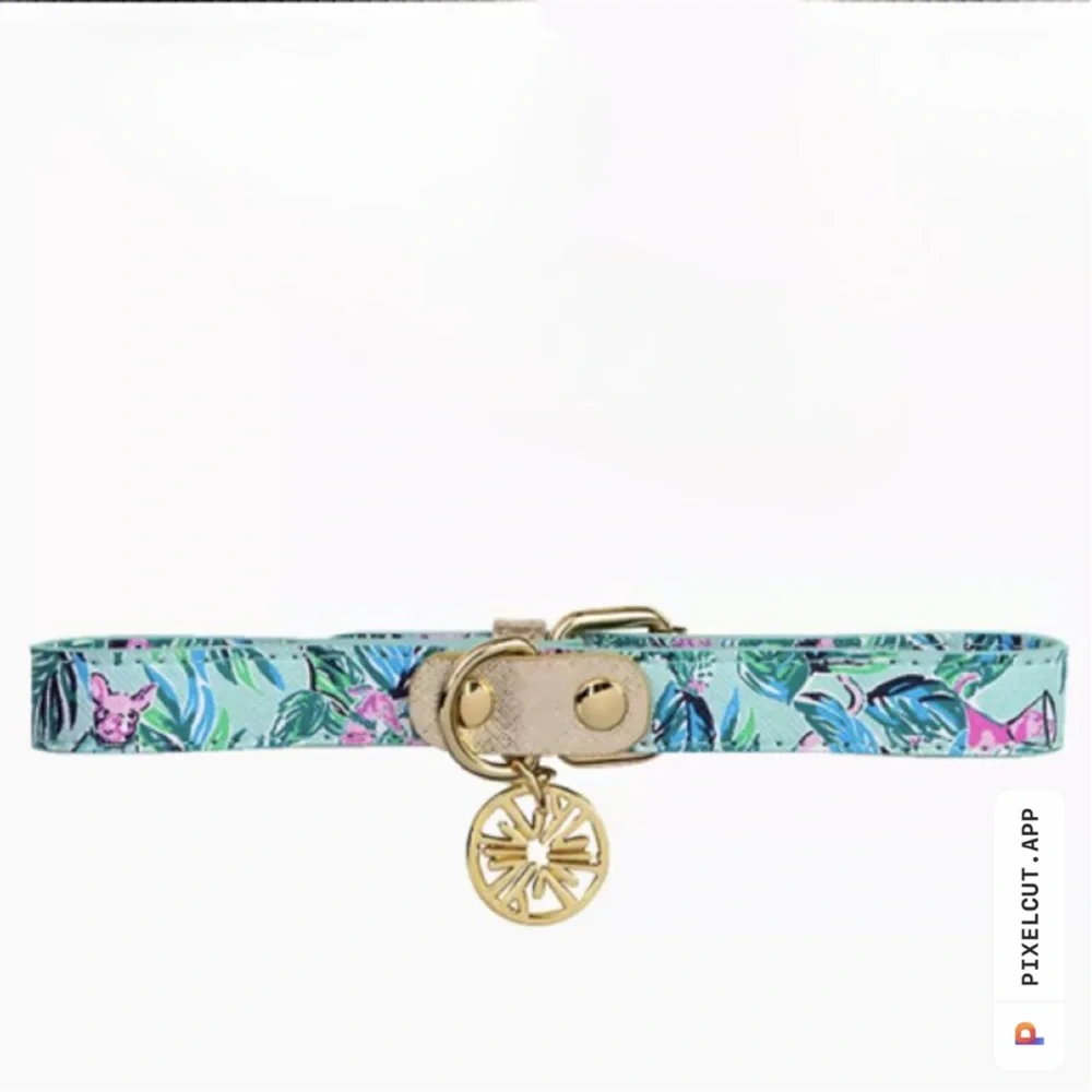 Lilly Pulitzer Dog Collar Seasalt Blue Barking Up The Palm Tree Print Gold Charm - Picture 1 of 3